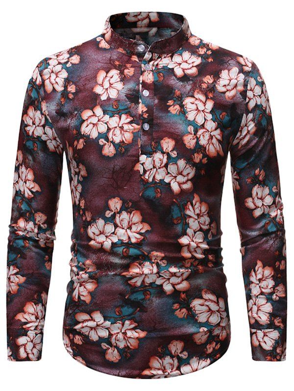 

Vintage Floral Print Stand Collar Henley Shirt, Multi