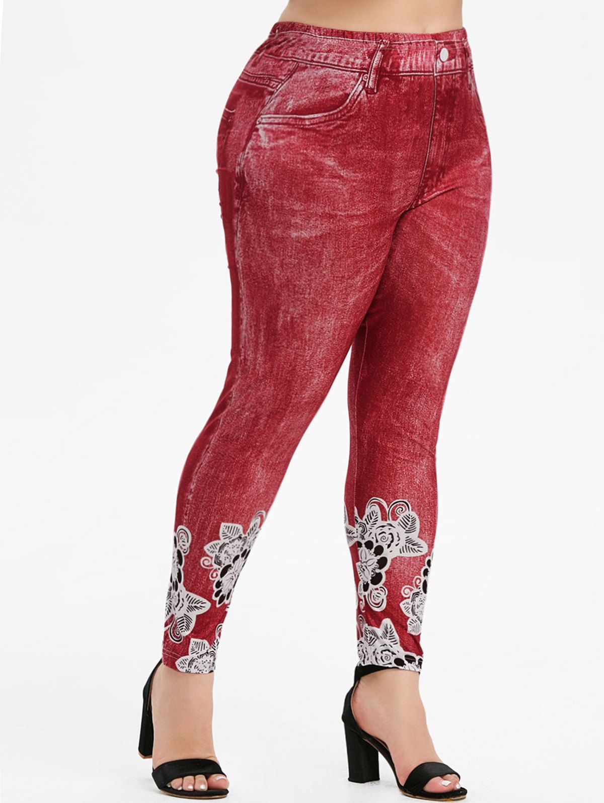 

High Waisted Pull On Floral 3D Printed Plus Size Jeggings, Red