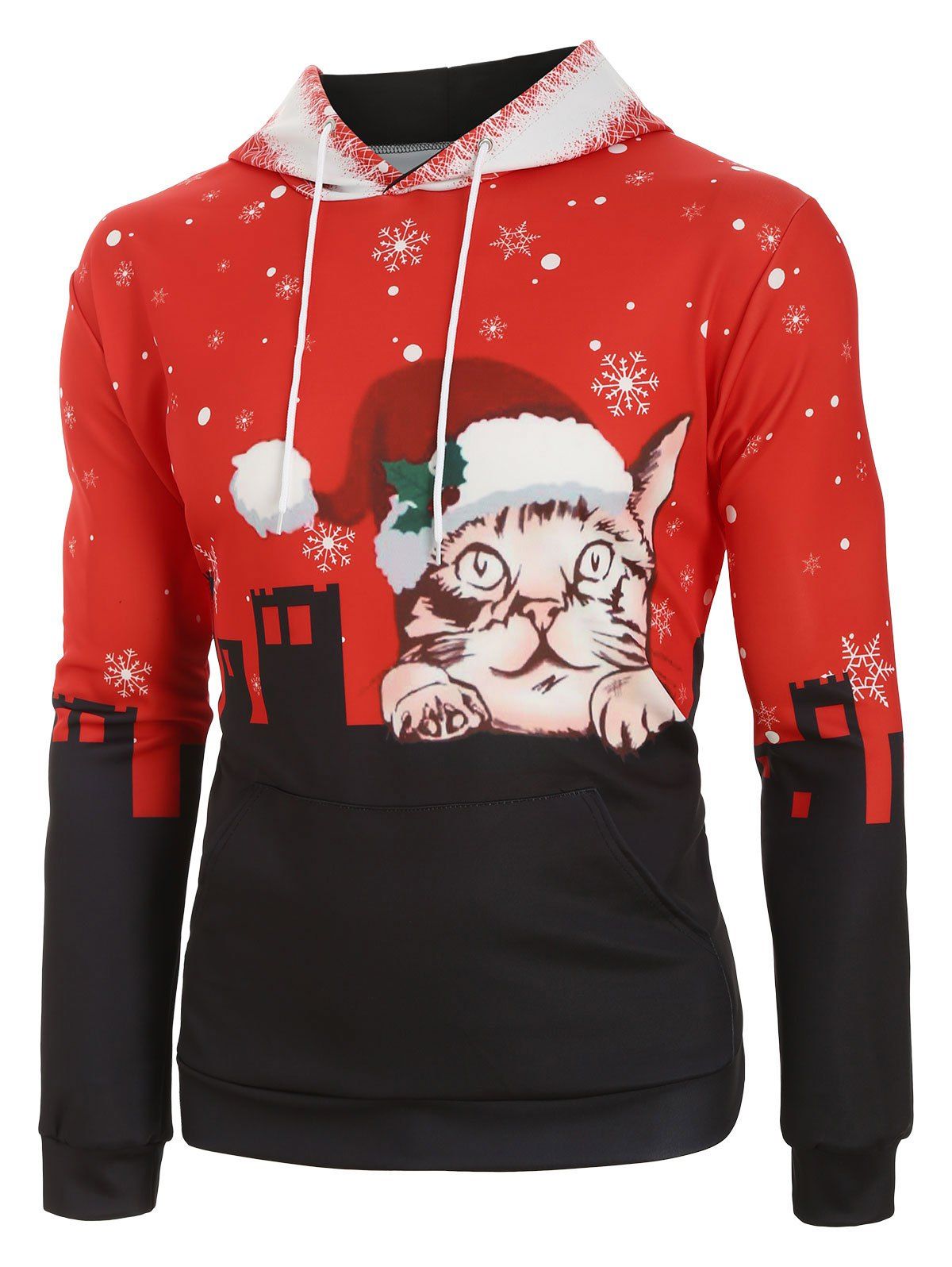 Trendy Snowy City Christmas Cat Graphic Front Pocket Hoodie  