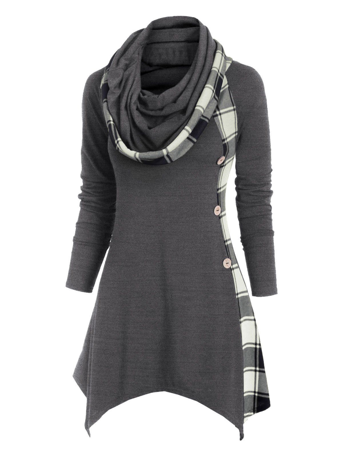 

Plaid Convertible Neck Button Embellished Asymmetrical T-shirt, Gray