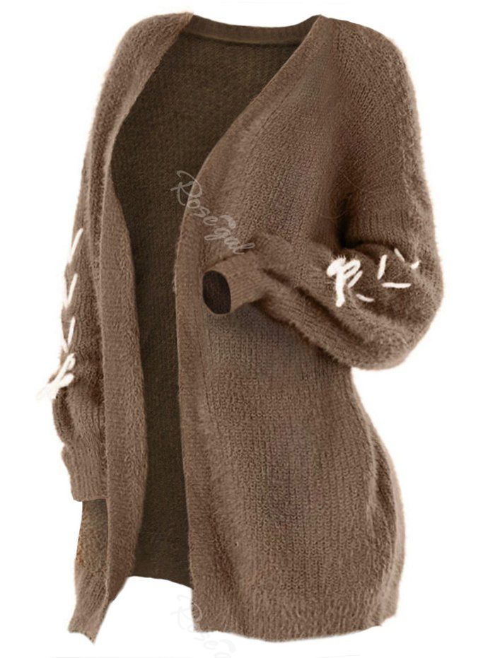 

Plus Size Lace Up Drop Shoulder Longline Cardigan, Brown