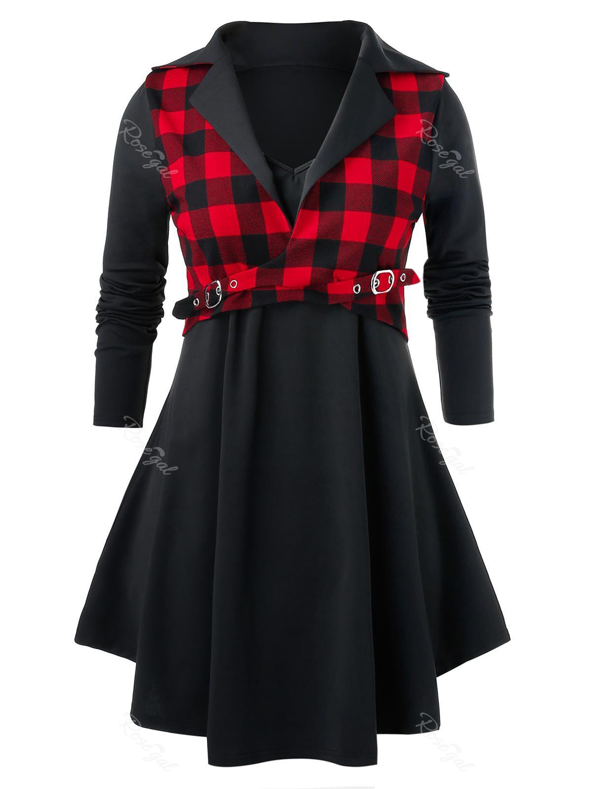 

Plus Size Tunic Checked Panel Lapel T Shirt, Black