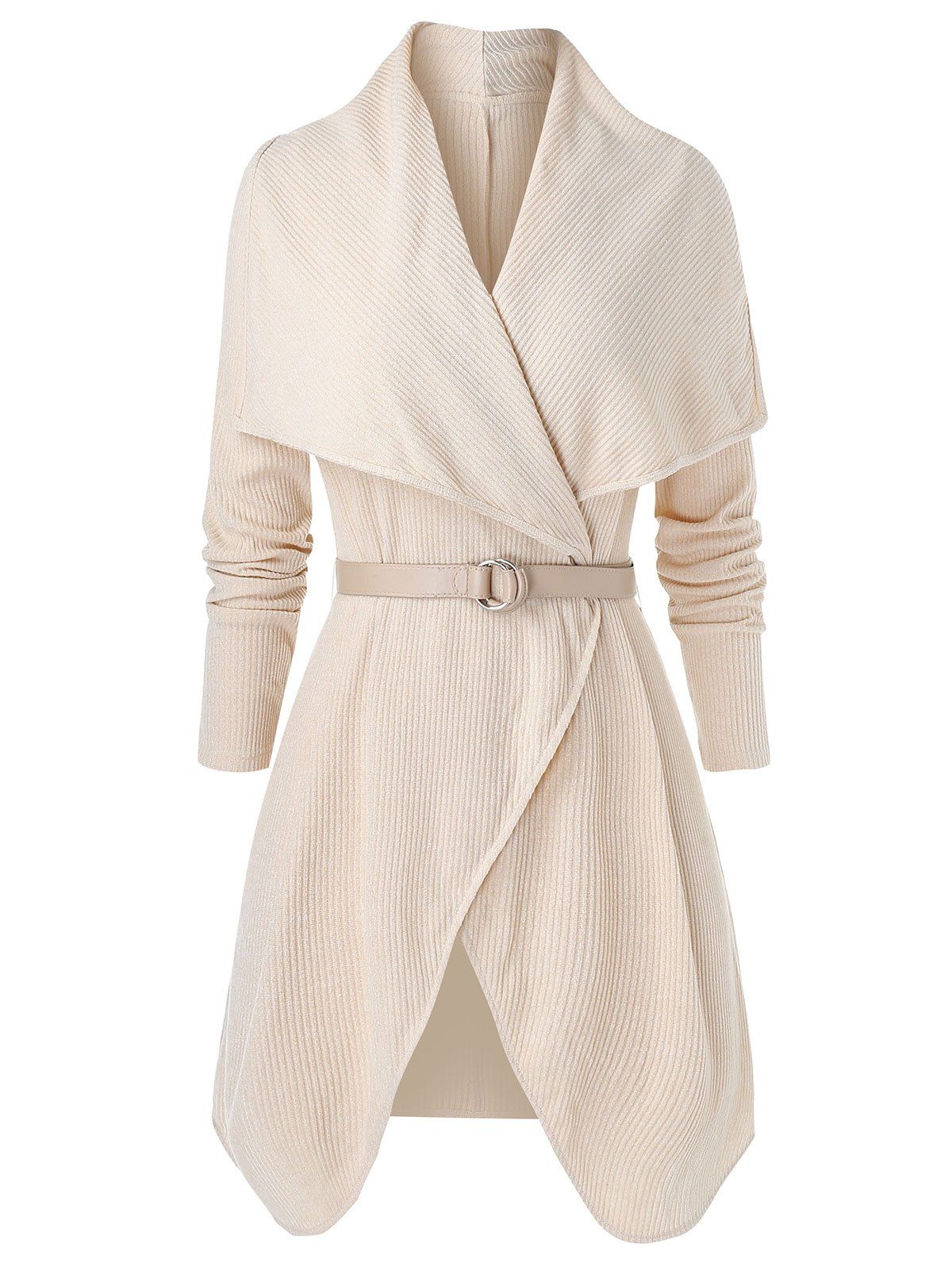 

Plus Size Tunic Turn-down Collar Cardigan with Belt, Apricot