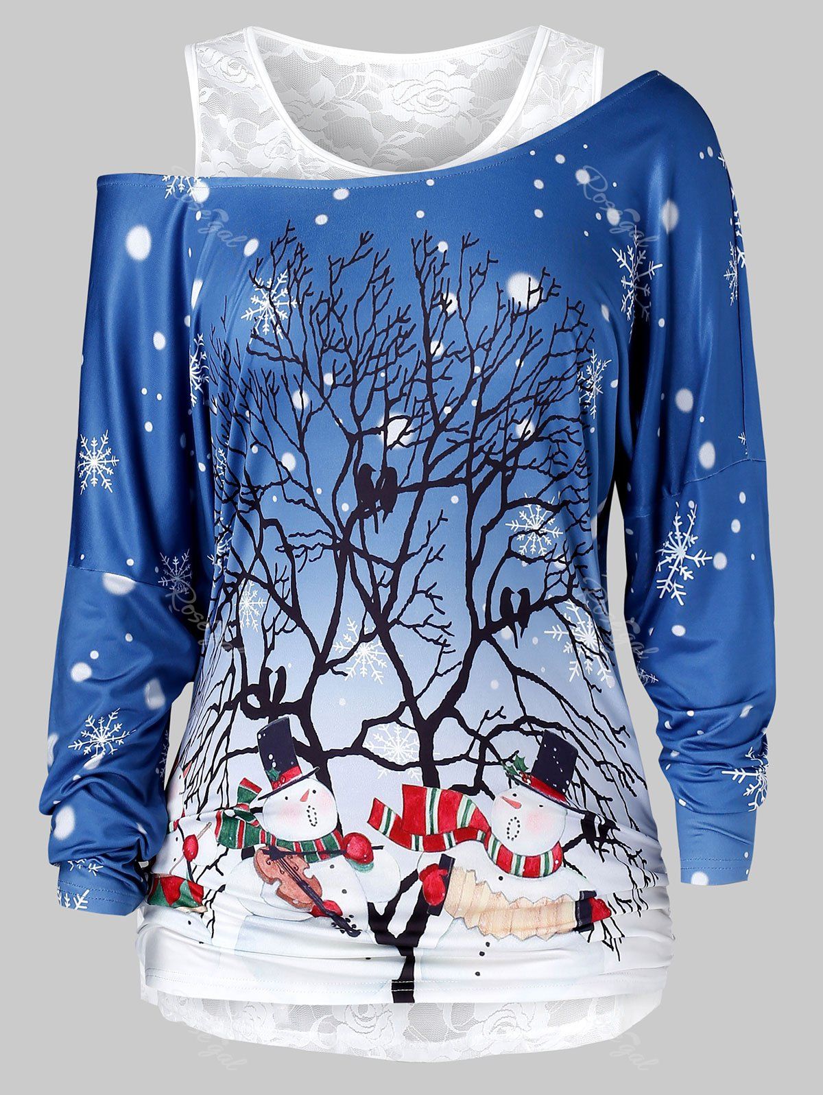 

Plus Size Christmas Printed Skew Neck T Shirt And Lace Top Set, Deep blue