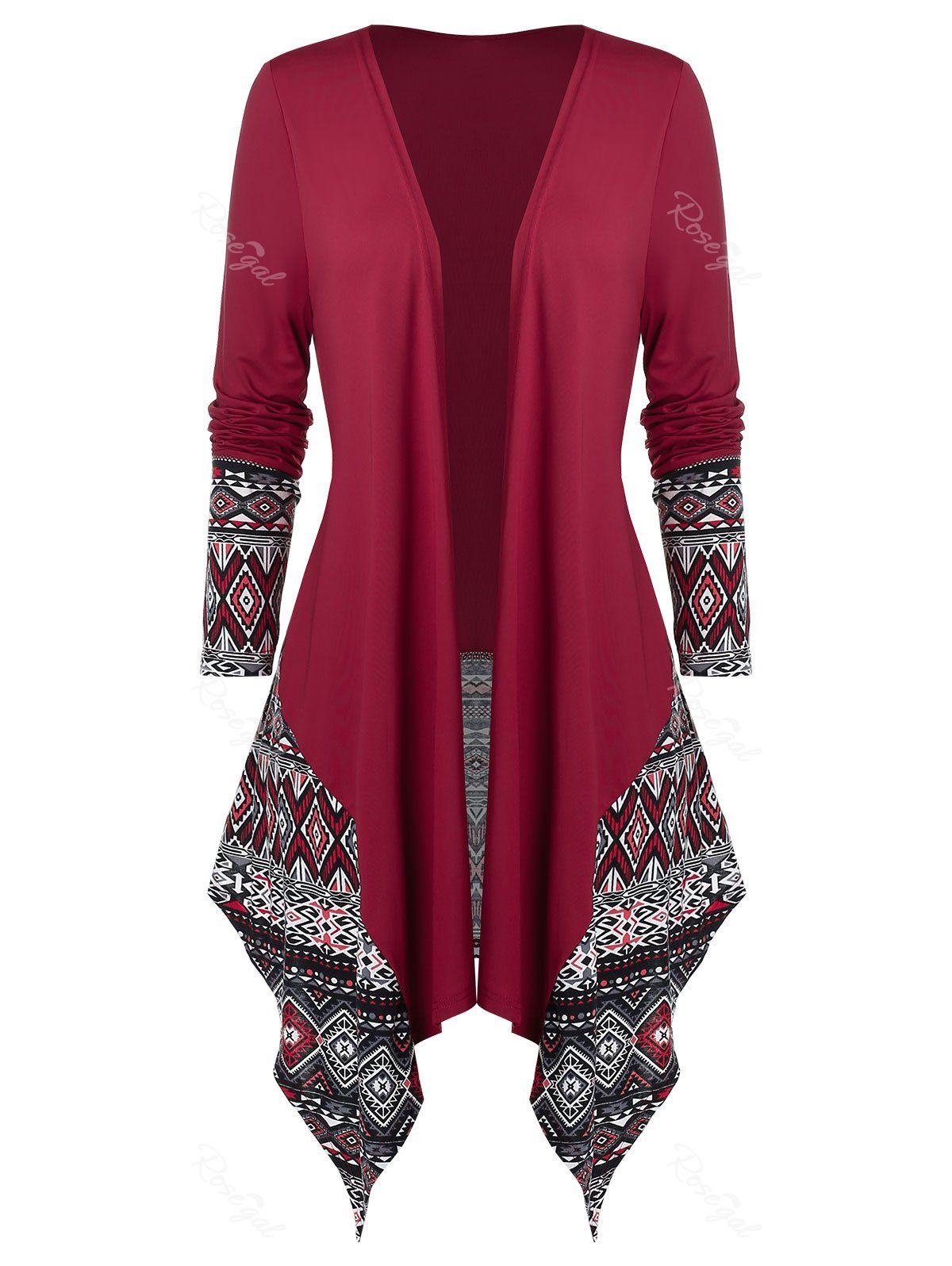 

Plus Size Asymmetrical Ethnic Pattern Open Draped Cardigan, Multi