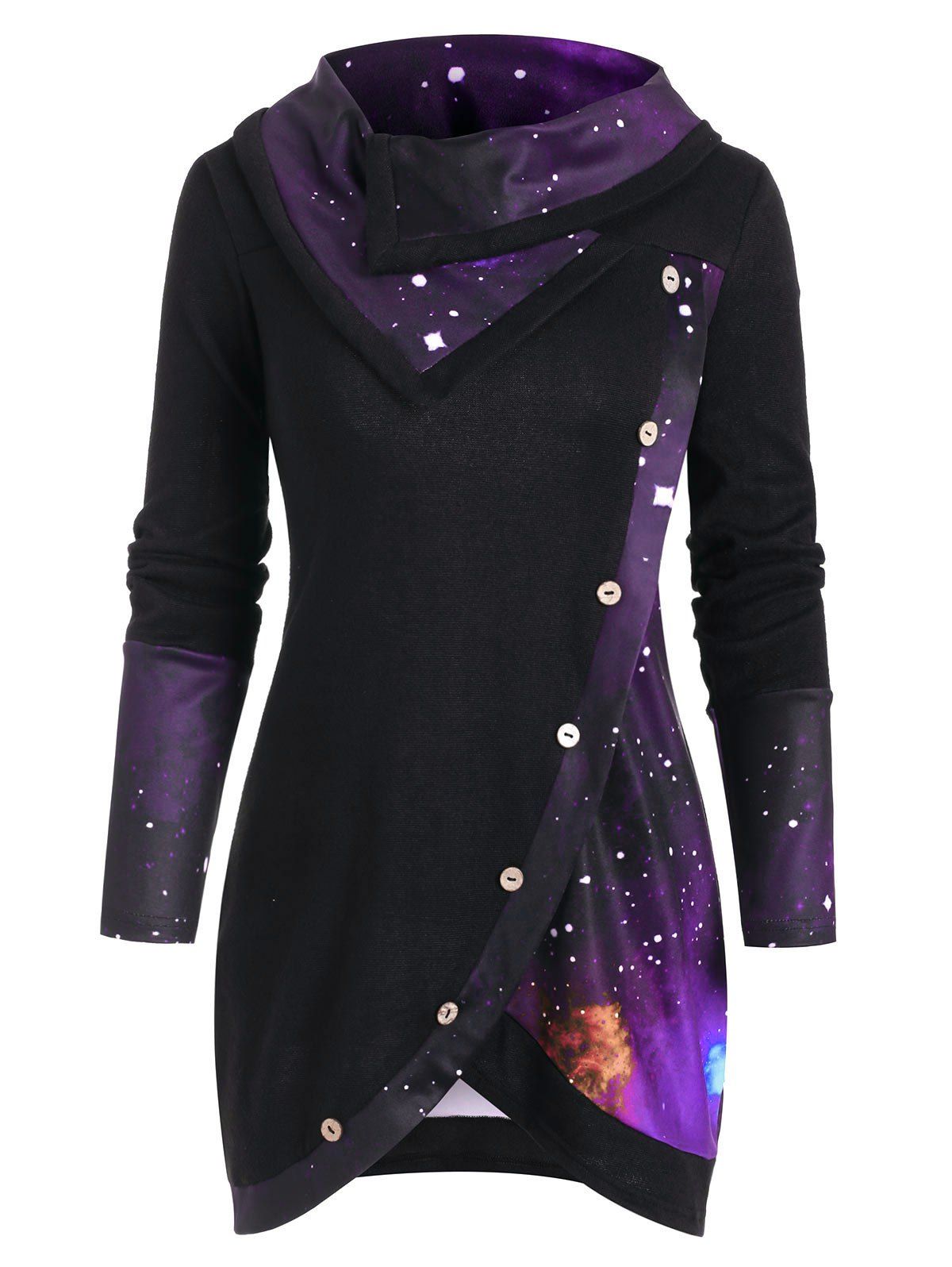 

Galaxy Print Panel Mock Button Cowl Neck Sweater, Purple iris