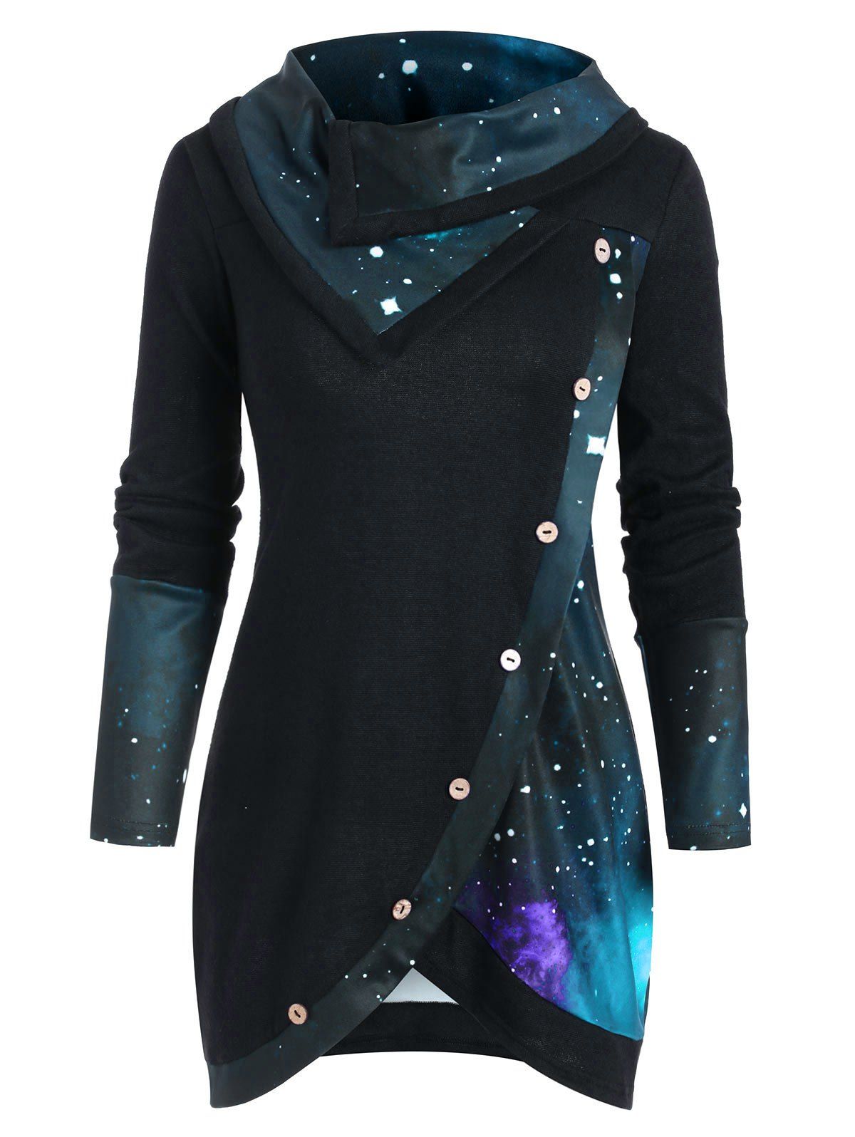 

Galaxy Print Panel Mock Button Cowl Neck Sweater, Greenish blue