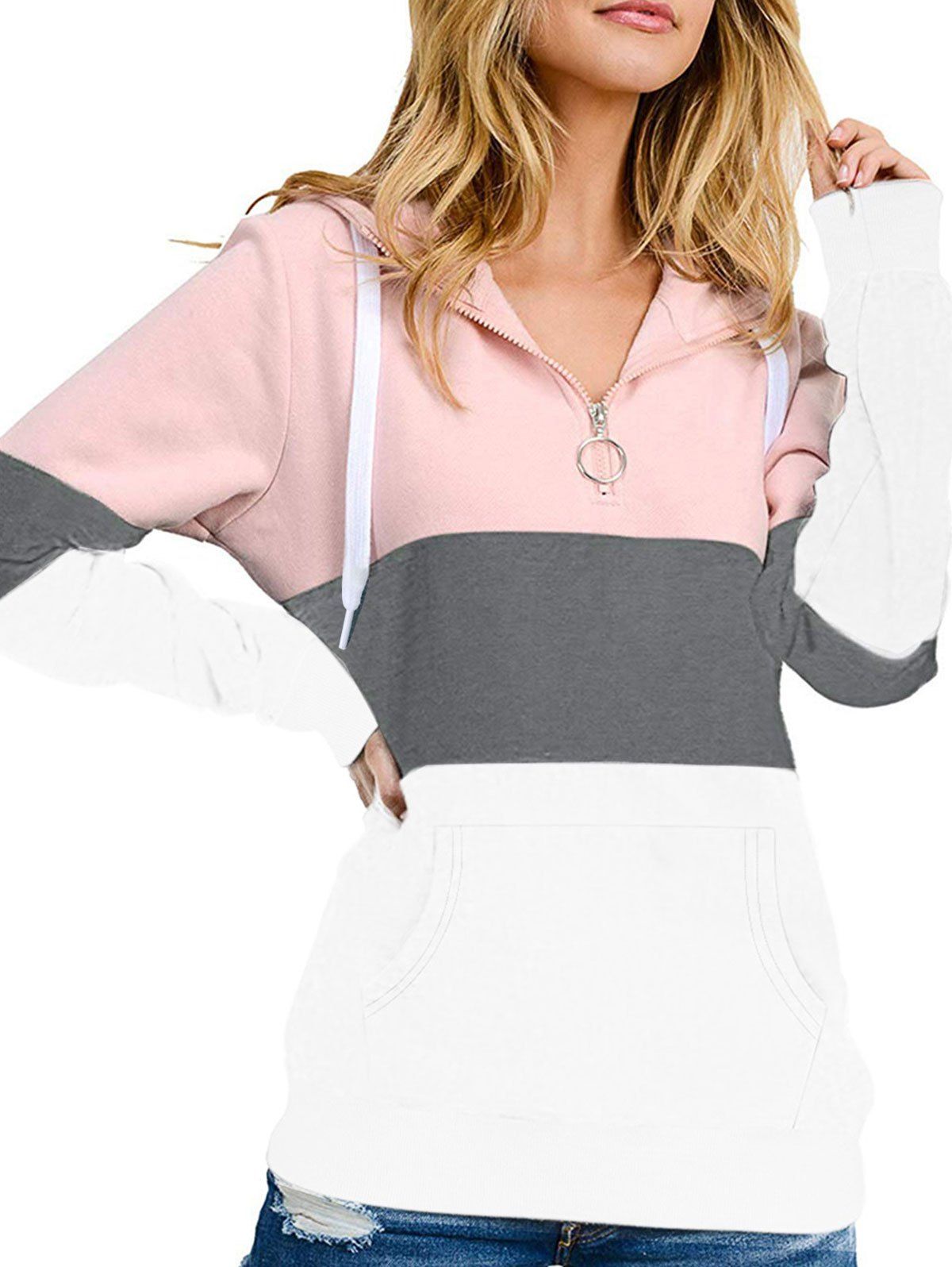 

Colorblock Front Pocket Drawstring Hoodie, Pink