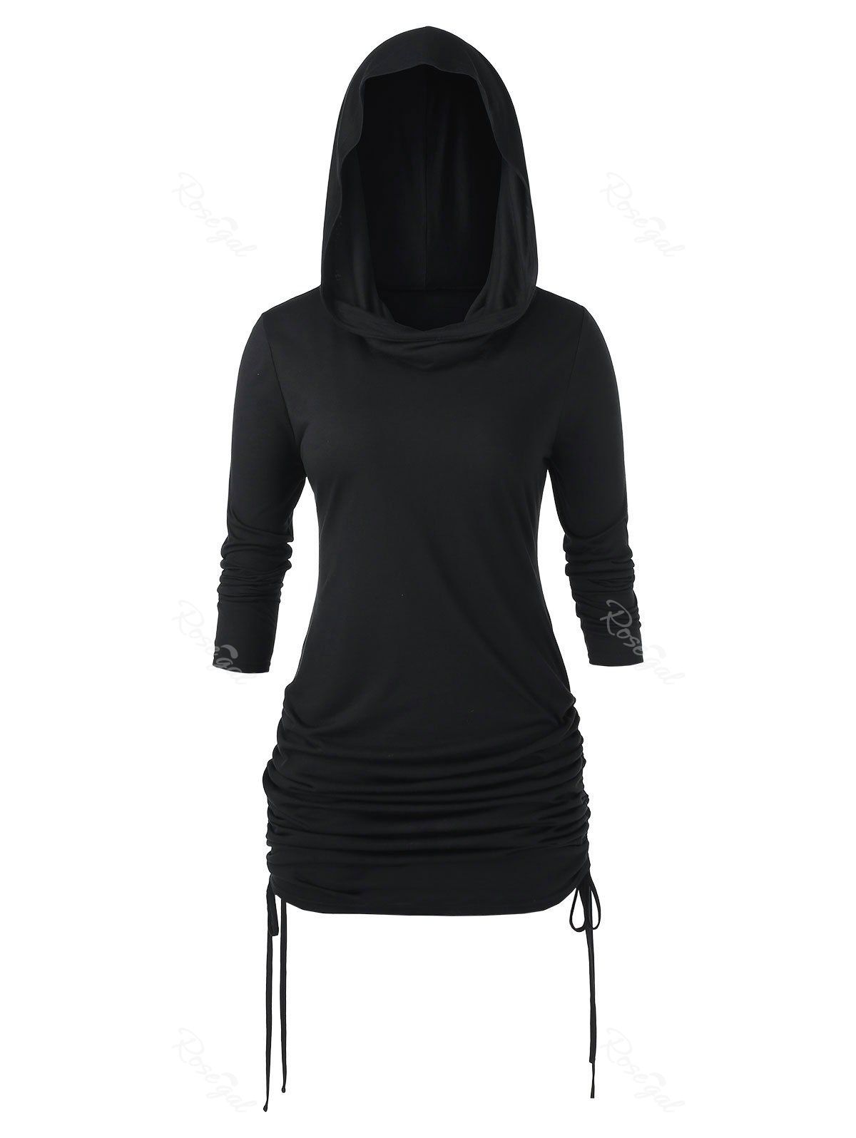 Plus Size Ruched Solid Hooded T Shirt, Black