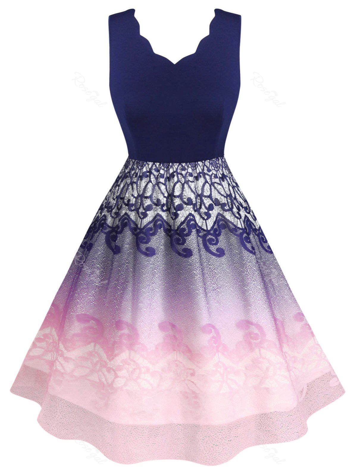 

Sleeveless Scalloped Edge Ombre Lace Panel Plus Size Dress, Blue