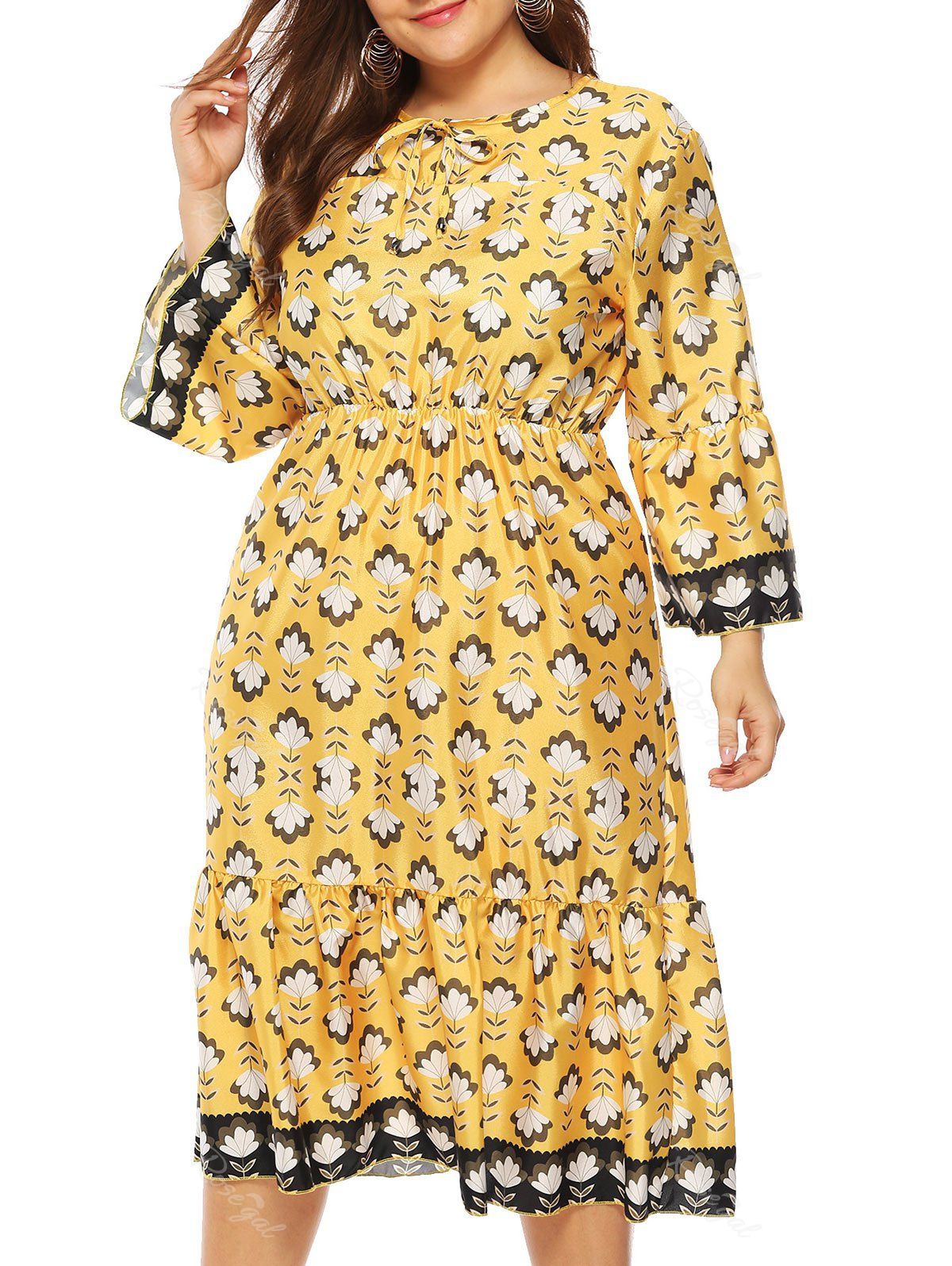 

Tie Collar Long Sleeve Floral Plus Size Dress, Yellow