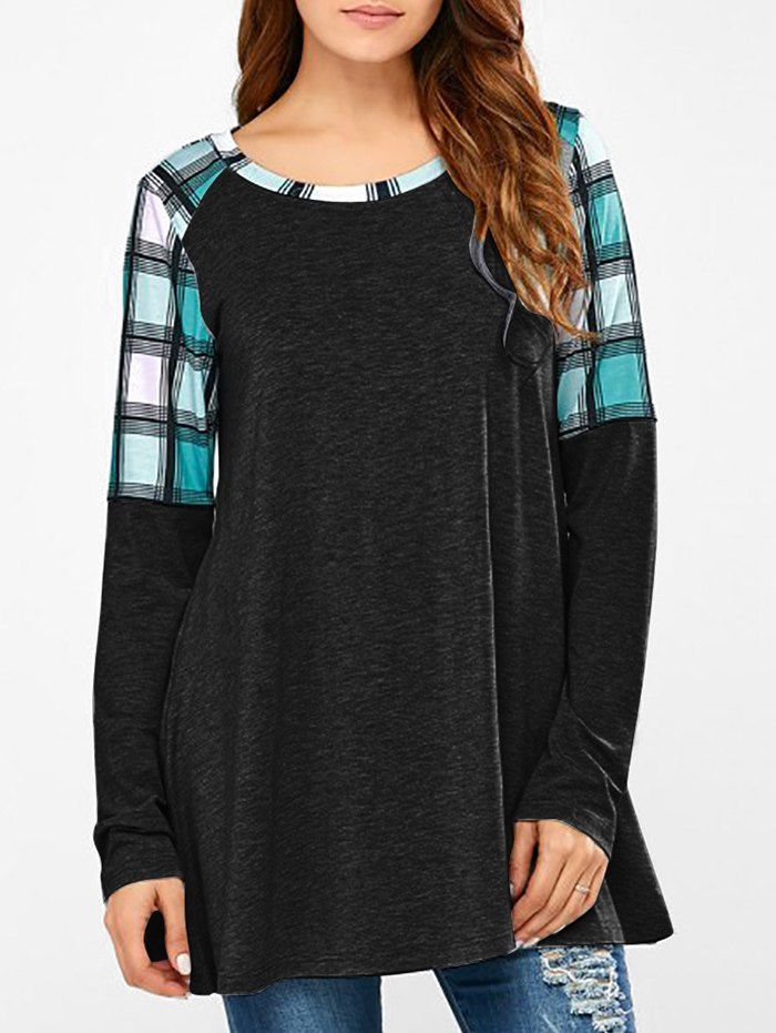 

Plaid Panel Long Sleeve Tunic Top, Black