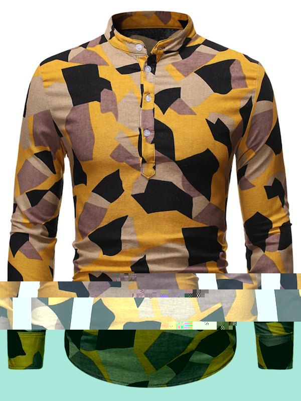 

Irregular Geometric Pattern Stand Collar Linen Shirt, Multi