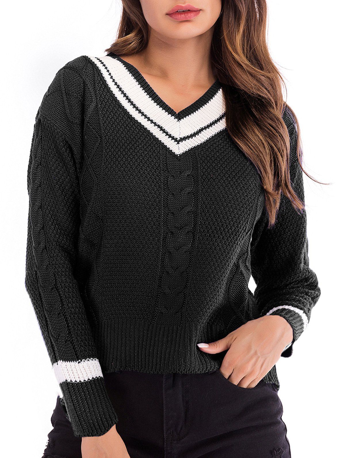 

Cable Knit Striped-detail V Neck Jumper, Black