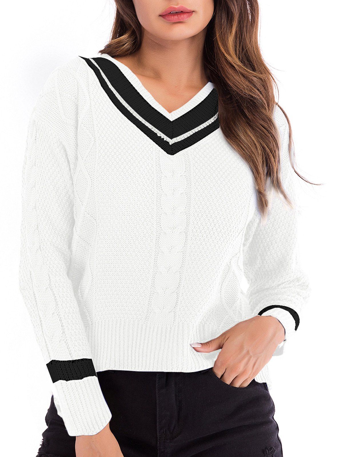 

Cable Knit Striped-detail V Neck Jumper, White