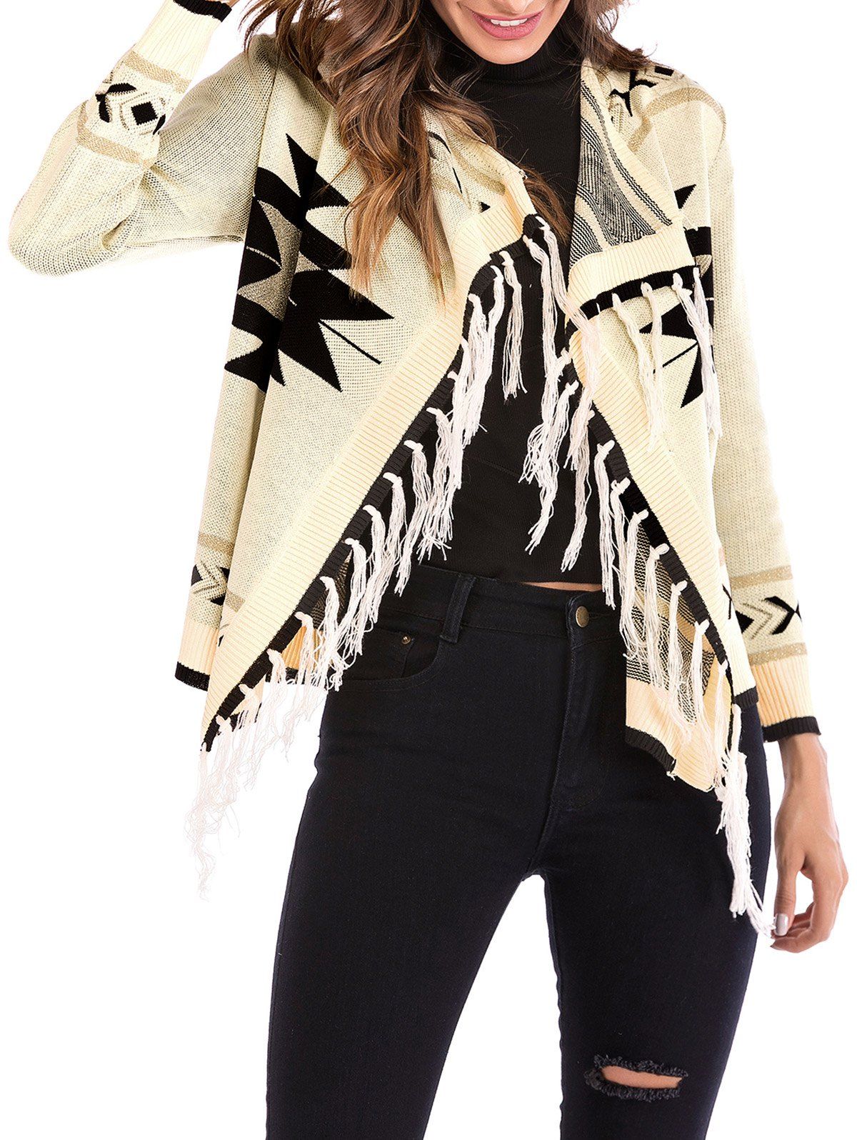 

Geo Graphic Fringed Metallic Thread Draped Cardigan, Corn yellow