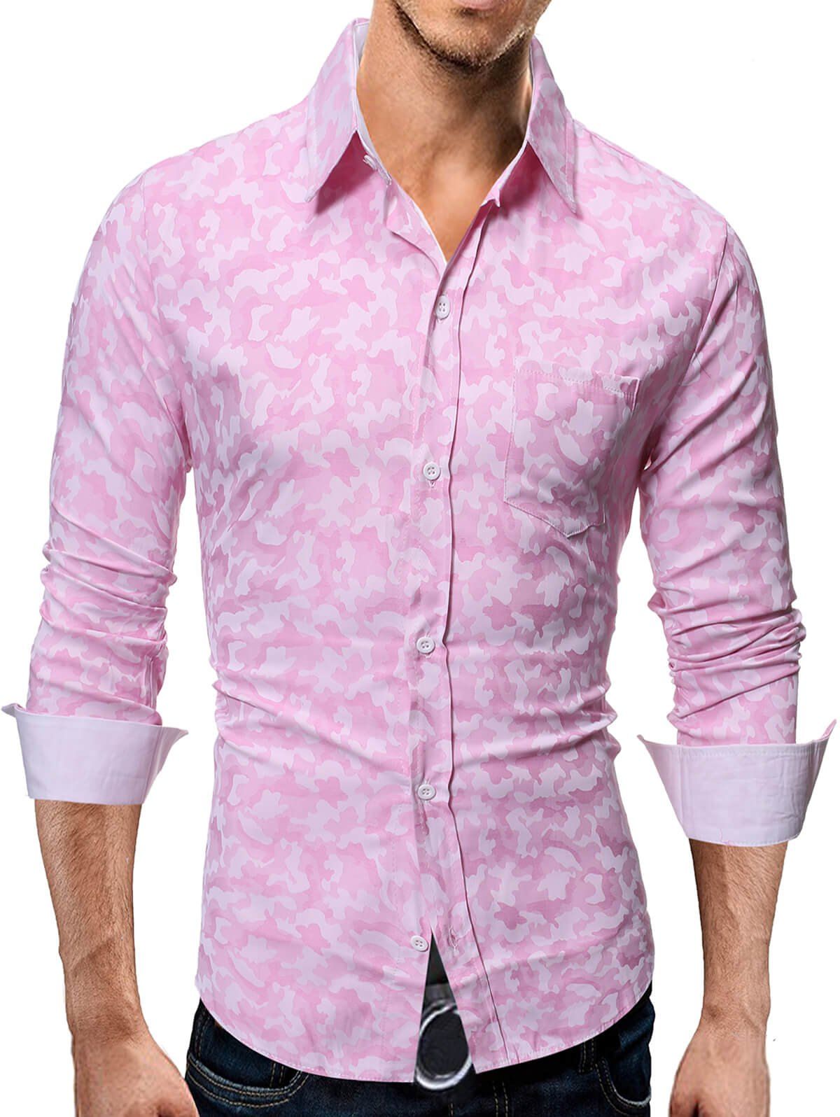 

Camouflage Print Button Slim Fit Shirt, Pink