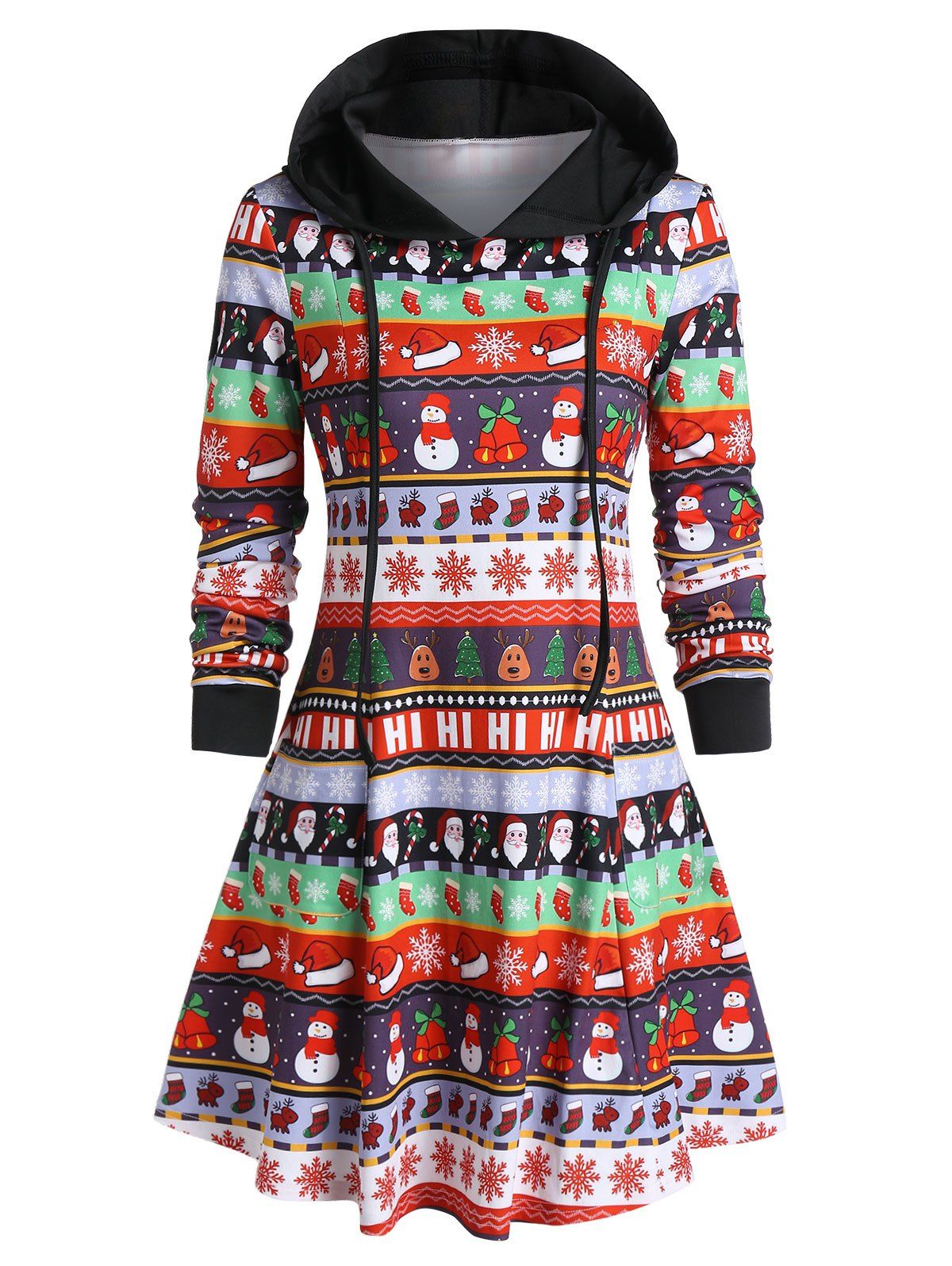 

Tunic Snowman Print Long Sleeve Christmas Hoodie, Black
