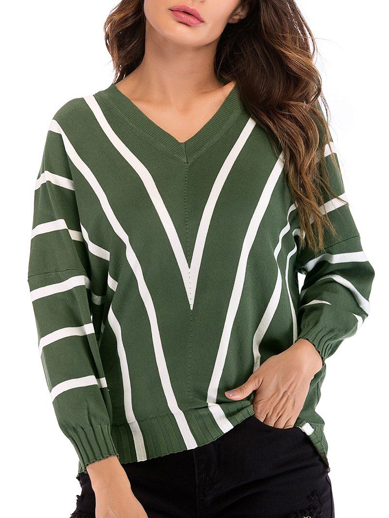 

V Neck Striped Batwing Knitwear, Deep green