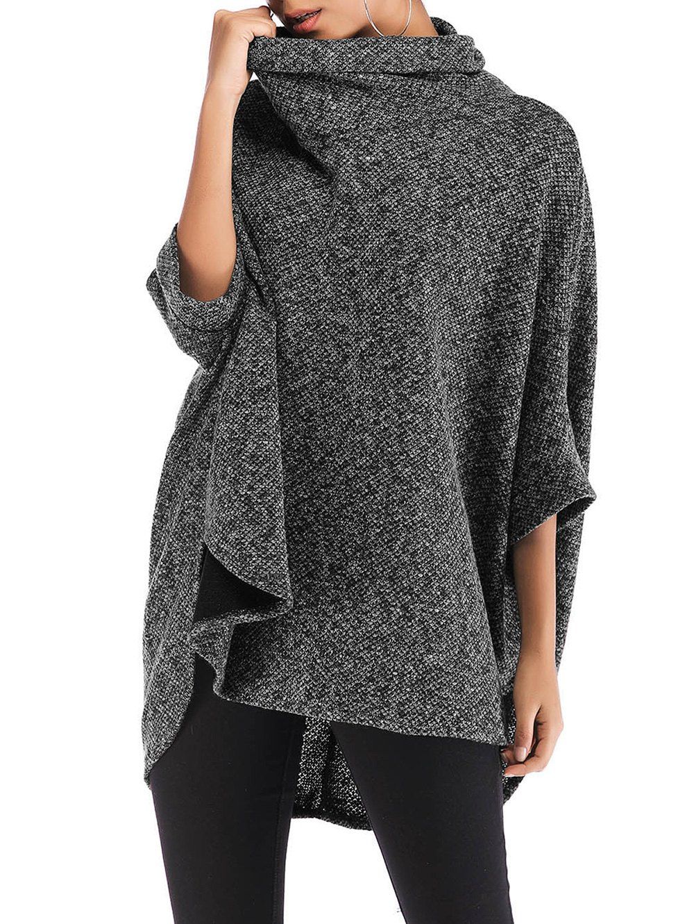 

Roll Neck Heathered High Low Poncho Sweater, Black