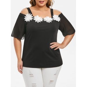 

Plus Size Open Shoulder Lace Applique T-shirt, Black