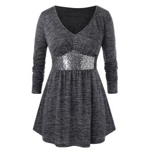 

Plus Size Space Dye Sequined V Neck T Shirt, Carbon gray