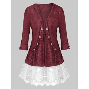 

Plus Size Lace Panel Tab Sleeve Open Pocket Tunic Cardigan, Red wine