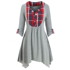 

Plaid Panel Asymmetrical Button Placket T-shirt, Gray