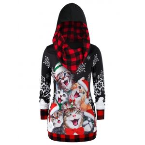 

Plus Size Christmas Plaid Cat Print Hoodie, Red