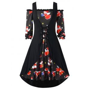 

Plus Size A Line Printed Christmas Dress with Solid Vest, Black
