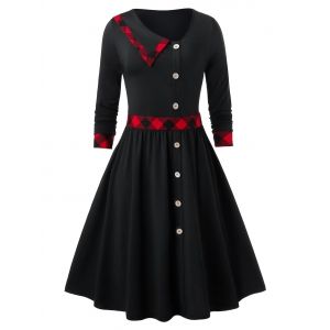 

Vintage Mock Buttons Plaid Trim Swing Dress, Black