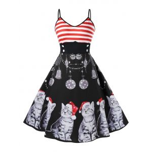 

Plus Size Christmas Vintage Cat Print Pin Up Dress, Black