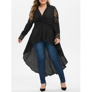 

Plus Size Front Twist High Low Long Dovetail Blouse, Black