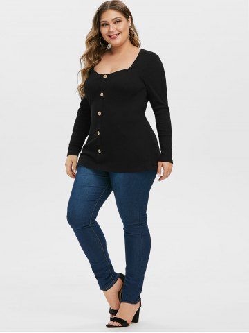

Plus Size Sweetheart Neck Buttoned T Shirt, Black