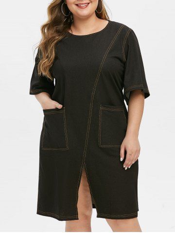 Plus Size Front Slit Pockets Chambray Dress - BLACK - L
