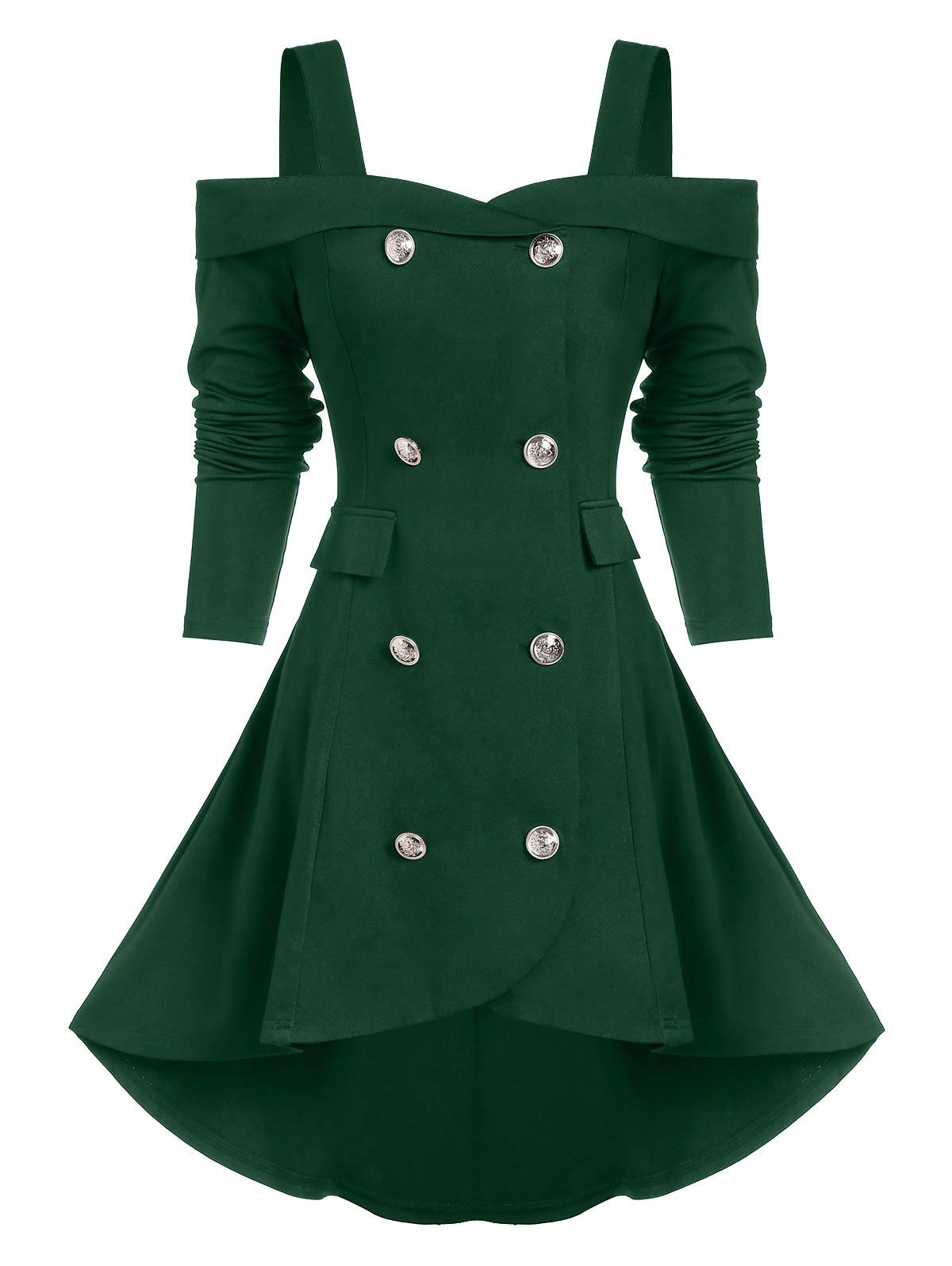 

High Low Open Shoulder Solid Coat, Dark green