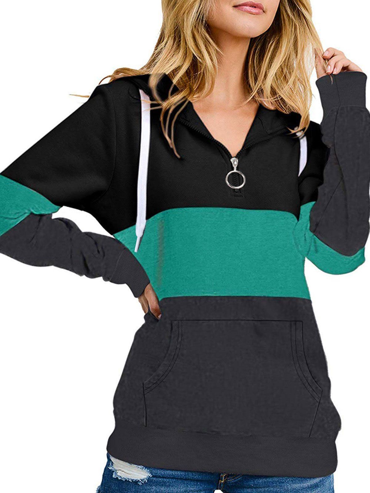 

Colorblock Front Pocket Drawstring Hoodie, Medium turquoise
