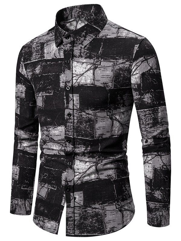 

Geometric Graphic Paint Print Long Sleeve Button Shirt, Black