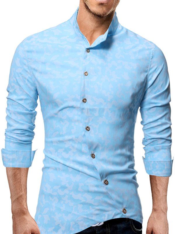 

Camouflage Print Asymmetric Button Shirt, Light blue