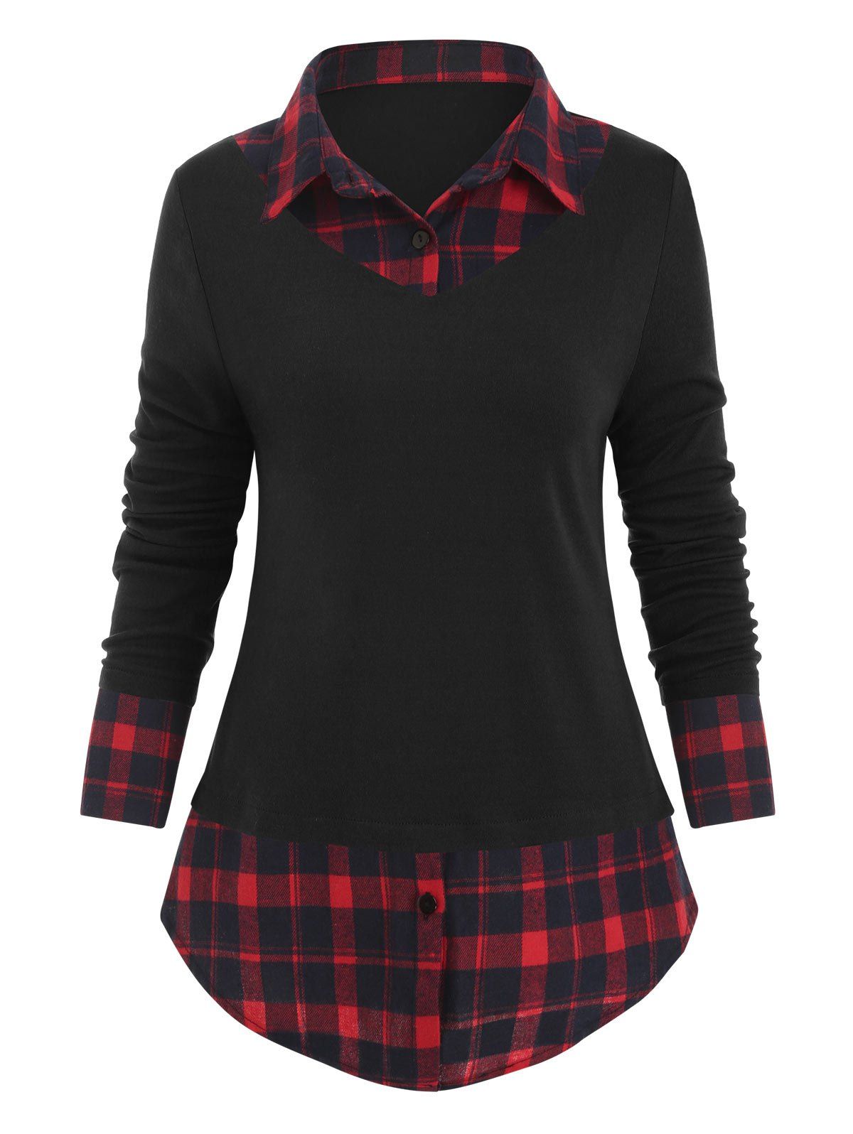

Button Placket Plaid Panel Mixed-media Knitwear, Red