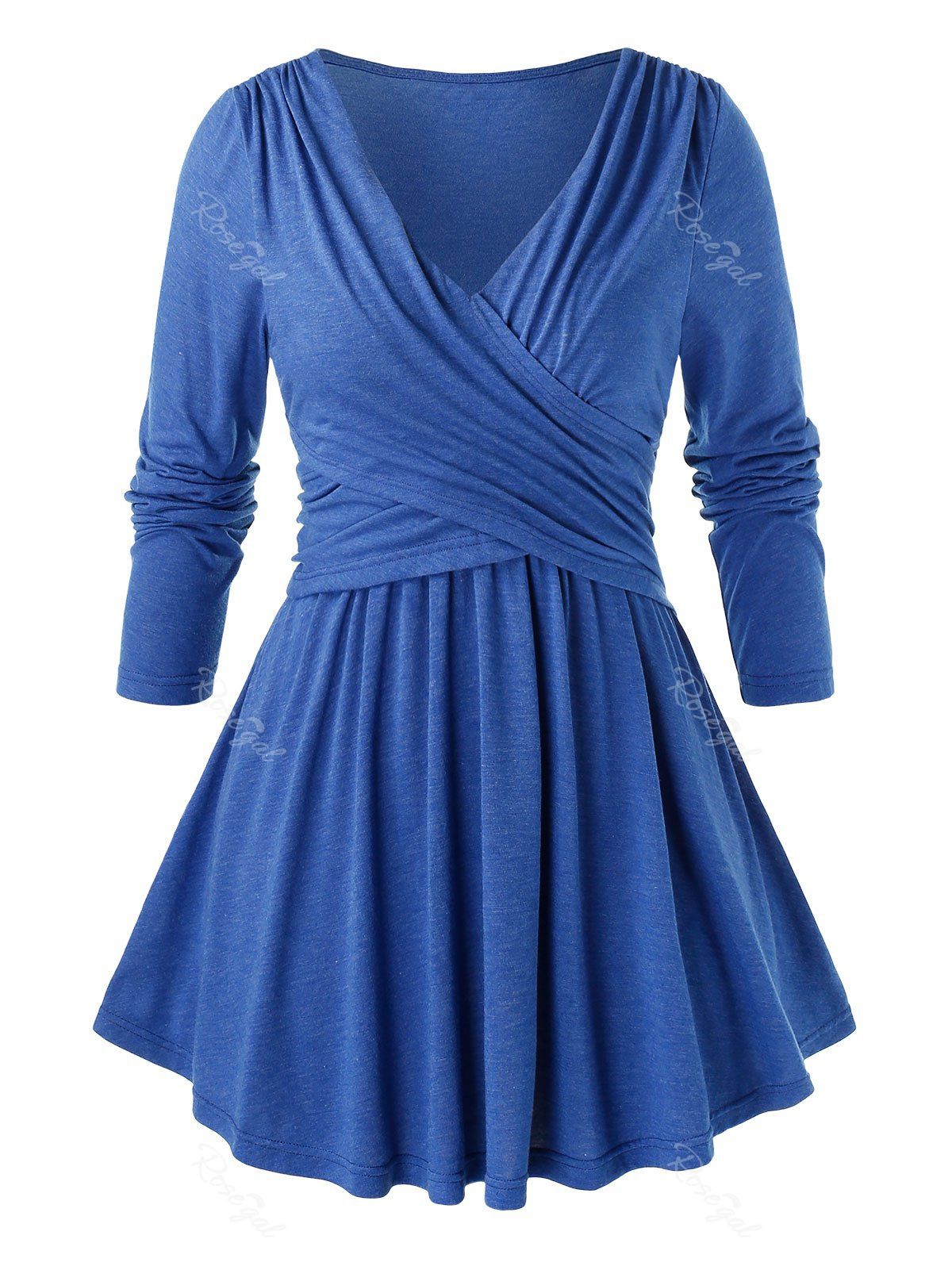

Plus Size Tunic V Neck Pleated T Shirt, Dodger blue