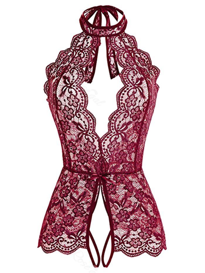 

Plus Size Flower Lace Scalloped Crotchless Teddy, Red wine