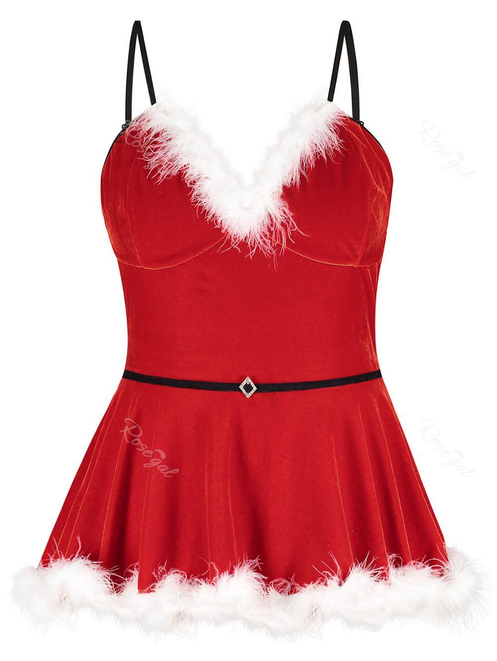 

Plus Size Christmas Velvet Feather Panel Lingerie Cami Babydoll, Red