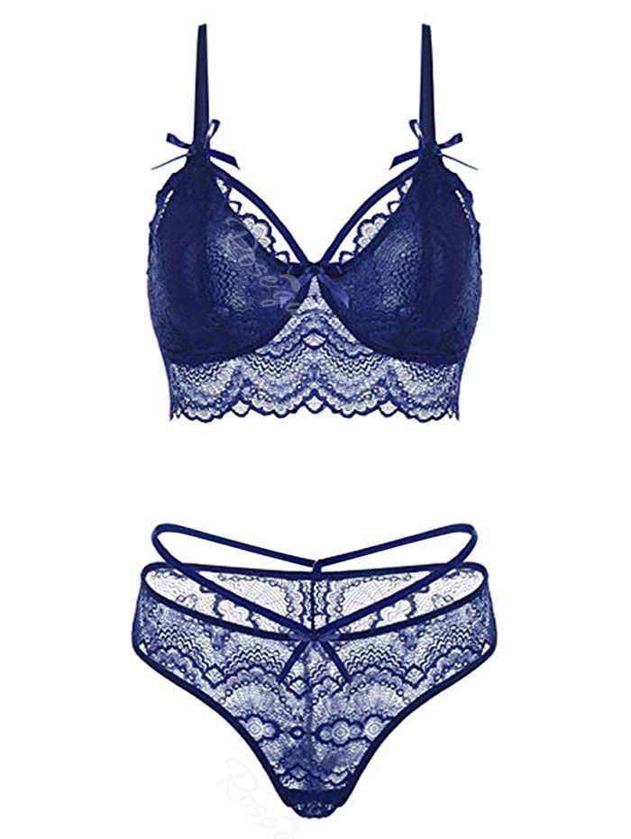 

Plus Size Lace Bowknot Scalloped Lingerie Set, Blue