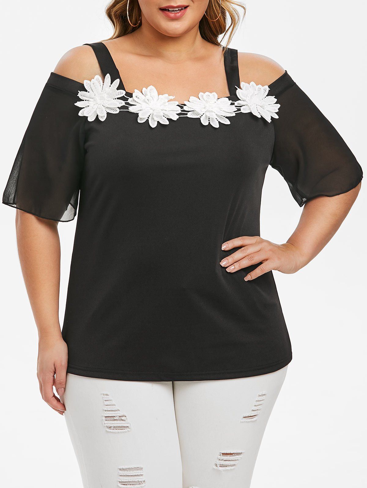 

Plus Size Open Shoulder Lace Applique T-shirt, Black