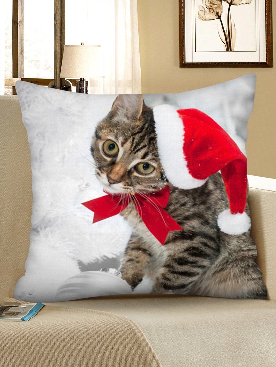 

Christmas Cat Print Decorative Square Pillowcase, Multi