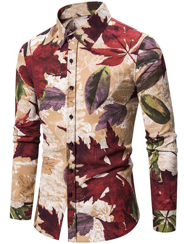 

Maple Leaf Floral Print Slim Fit Button Casual Shirt, Khaki