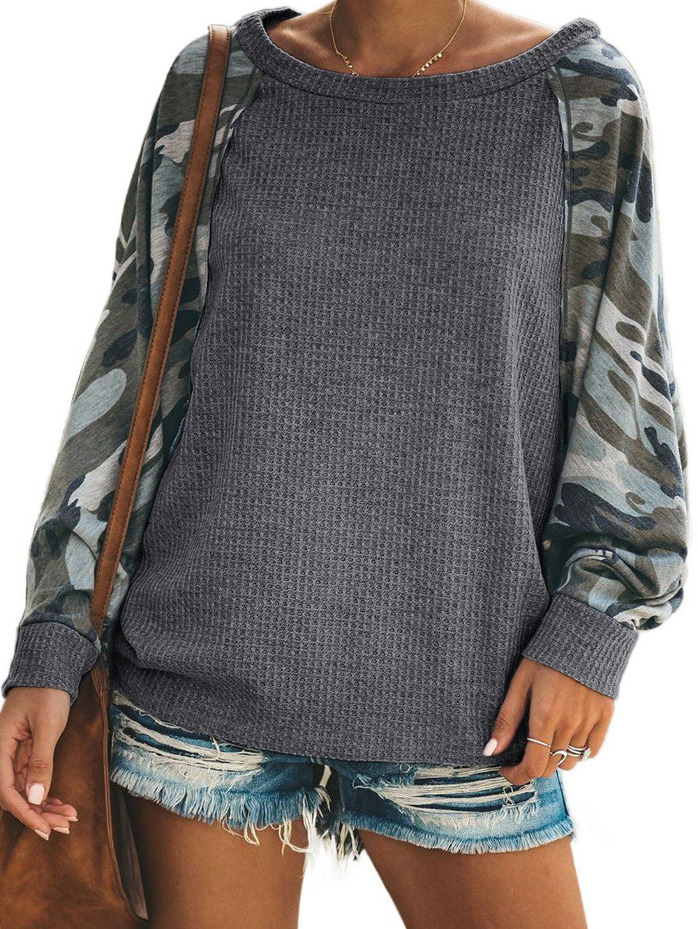 

Convertible Collar Camouflage Raglan Sleeve Sweatshirt, Gray