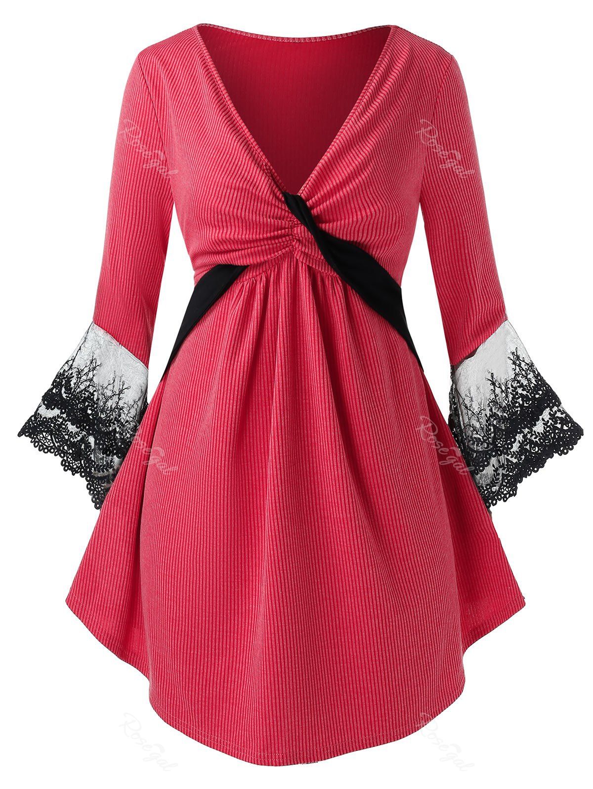 

Plus Size Bell Sleeve Ribbed Empire Waist Top, Red