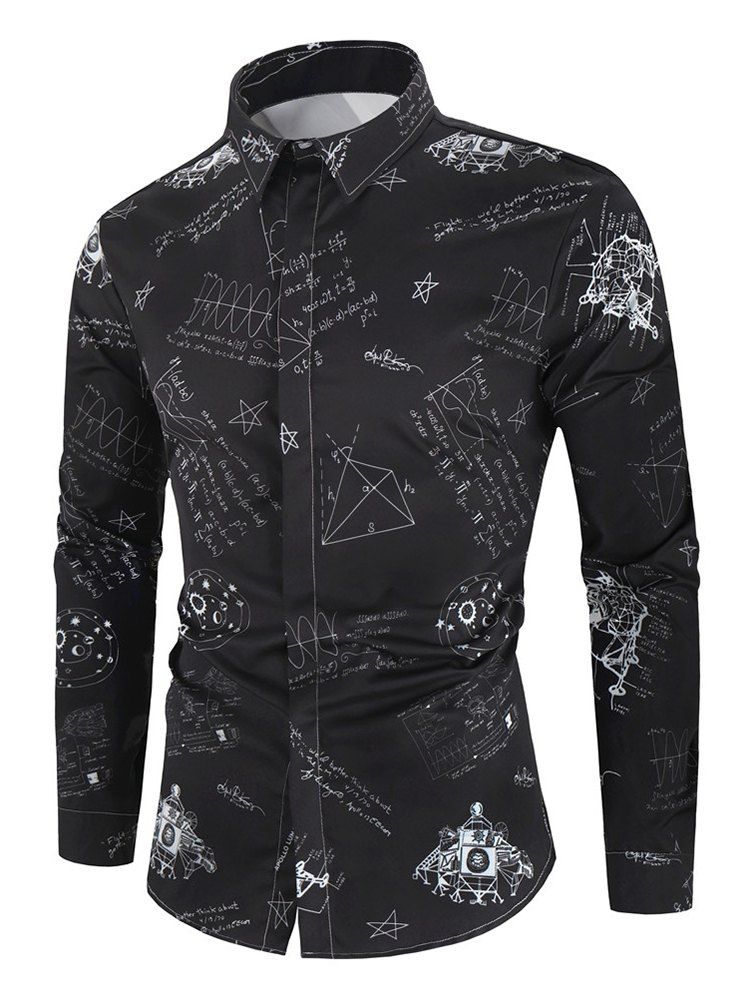 

Math Geometric Letter Graphic Print Slim Fit Button Shirt, Multi